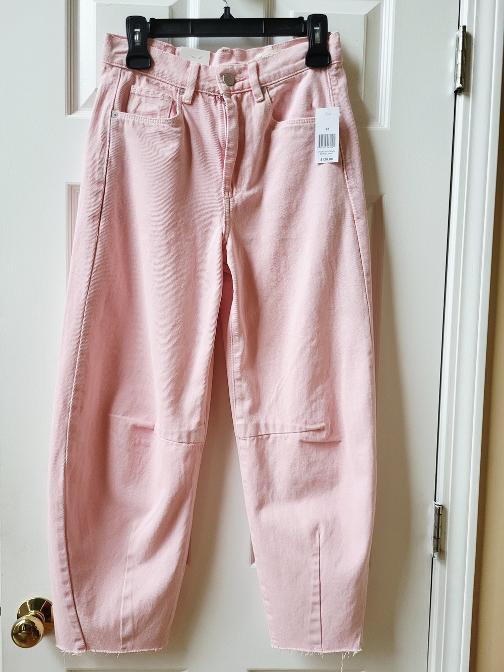 Blank NYC Womens Barrel Leg Jeans Soft Pink Raw Hem Sz 26 Cropped Overdyed Denim